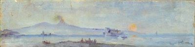 Veduta del Vesuvio al tramonto, tempera su cartone