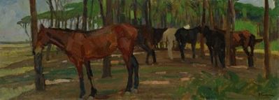 Cavalli al pascolo nella pineta, olio su tela riportata su compensato