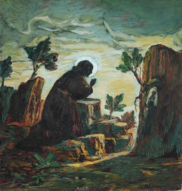 Benvenuto Benvenuti : San Francesco in preghiera  - Olio su compensato - Asta Antiquariato - I - Galleria Pananti Casa d'Aste