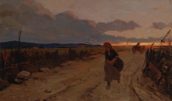 Cafiero Filippelli : Ritorno dai campi  (1929)  - Olio su compensato - Asta Antiquariato - I - Galleria Pananti Casa d'Aste