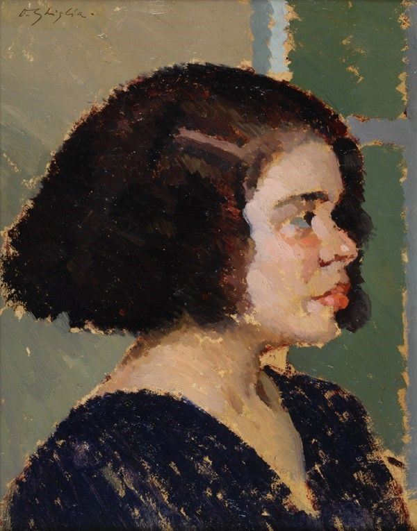 Oscar Ghiglia - Profilo di ragazza, olio su cartone