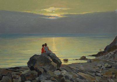 Scogliera al tramonto, olio su compensato