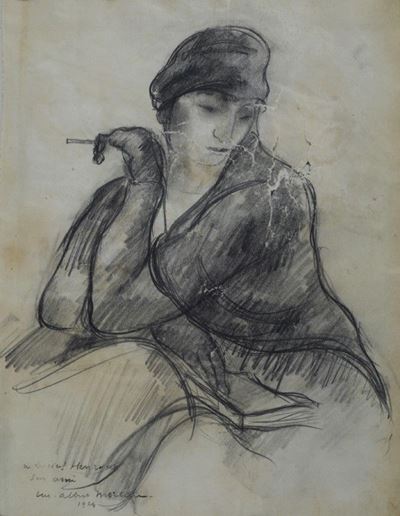 Ritratto di donna con sigaretta, matita su carta
