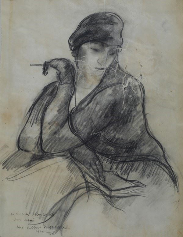 Luc-Albert Moreau : Ritratto di donna con sigaretta  (1924)  - Matita su carta - Asta Antiquariato - I - Galleria Pananti Casa d'Aste