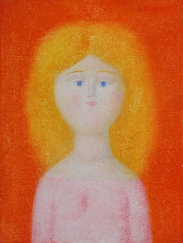 Antonio Bueno - Ritratto di ragazza su fondo rosso, olio su faesite