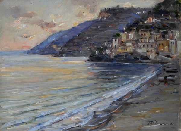 Aristotile Vincenzi : La spiaggia di Minori al tramonto  - Olio su compensato - Auction Antiquariato - I - Galleria Pananti Casa d'Aste