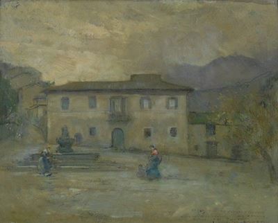 Paesaggio con casa, fontana e figure, olio su compensato