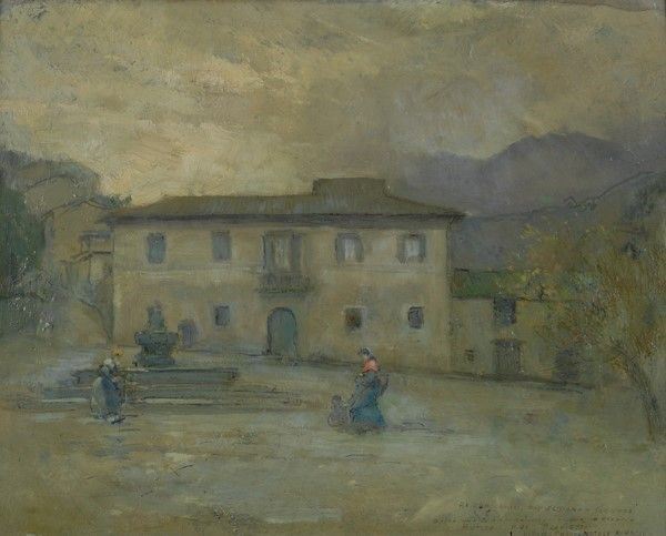 Alberto Serafino Carosi - Paesaggio con casa, fontana e figure, olio su compensato