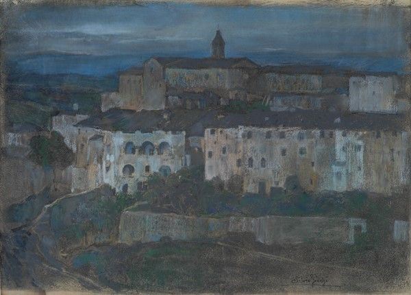 Silvio Bicchi - Paese toscano - Pastello su cartoncino