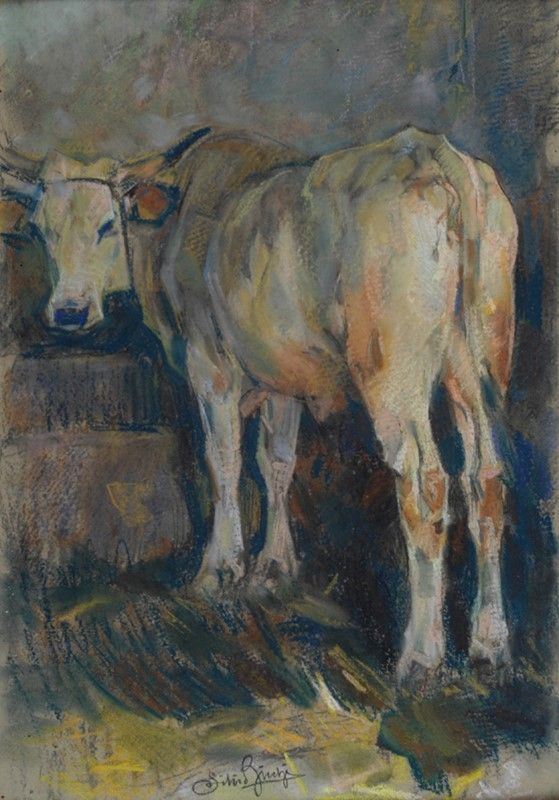 Silvio Bicchi : Bove nella stalla  ((1920))  - Pastelli su cartoncino - Asta Antiquariato - I - Galleria Pananti Casa d'Aste