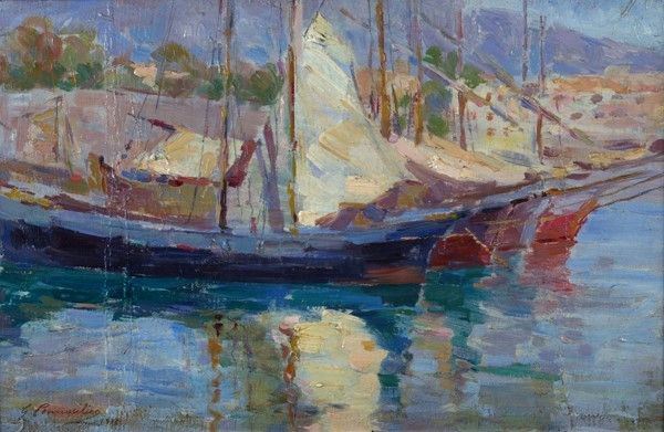 Giuseppe Pennasilico - Barche in porto, olio su cartone