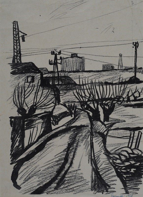 Fernando Farulli : Paesaggio  (1957)  - Carboncino su carta - Asta DISEGNI DAL XIX AL XX SEC - Galleria Pananti Casa d'Aste