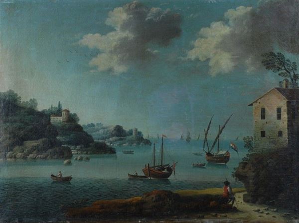 Scuola Veneta, fine XVIII sec. : Marina con barche  - Olio su tela - Asta Antiquariato, Gioielli - I - Galleria Pananti Casa d'Aste