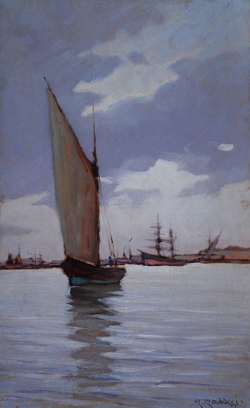 Renuccio Renucci : Barche in porto  - Olio su compensato - Asta Antiquariato - I - Galleria Pananti Casa d'Aste