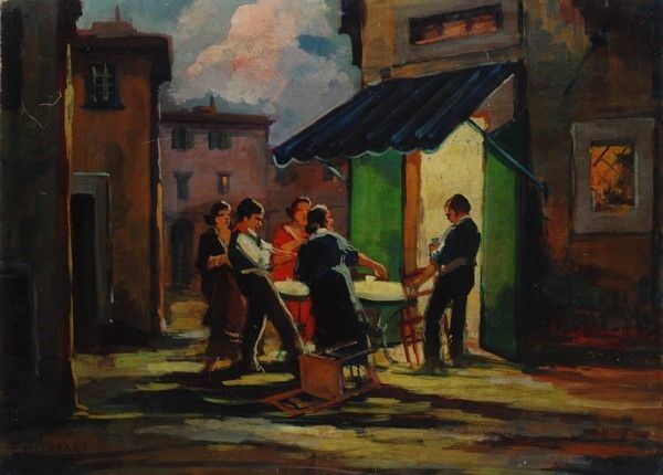 Renato Natali : Fuori dall'osteria  - Olio su compensato - Asta Antiquariato - I - Galleria Pananti Casa d'Aste