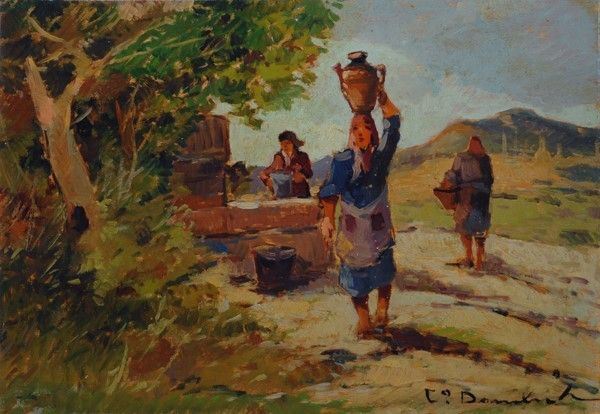 Carlo Domenici : Lavandaie  - Olio su compensato - Asta Antiquariato - I - Galleria Pananti Casa d'Aste