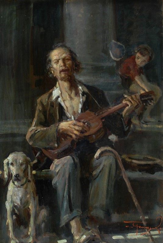 Ovidio Gragnoli : Suonatore cieco  - Olio su compensato - Auction Antiquariato - I - Galleria Pananti Casa d'Aste