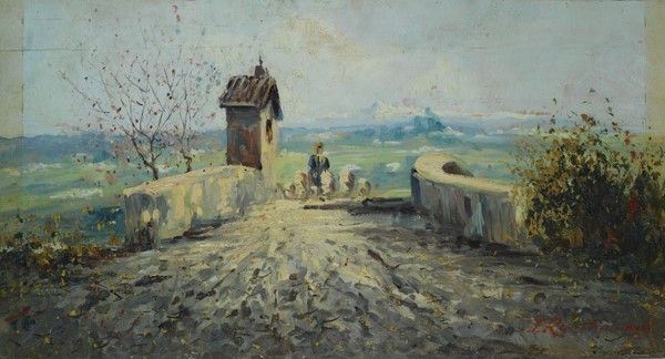 Ferruccio Rontini : Paesaggio con pastorella e gregge  - Olio su compensato - Asta Antiquariato - I - Galleria Pananti Casa d'Aste