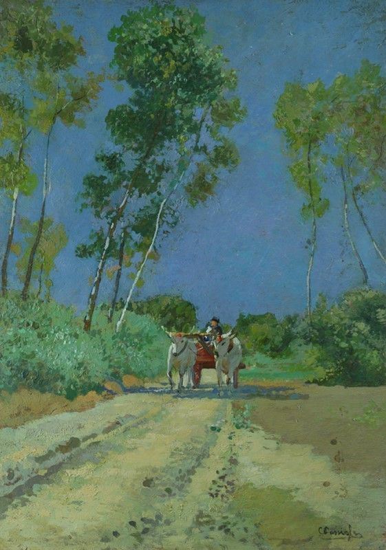 Carlo Passigli : Carro con buoi  - Olio su compensato - Asta Antiquariato - I - Galleria Pananti Casa d'Aste