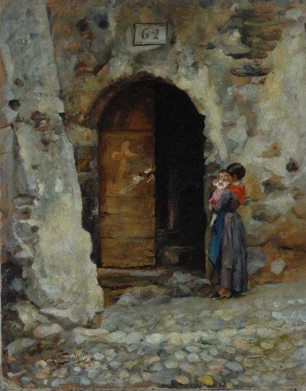Antonio Salvetti : Madre e figlio  (1887)  - Olio su cartone - Auction Antiquariato - I - Galleria Pananti Casa d'Aste