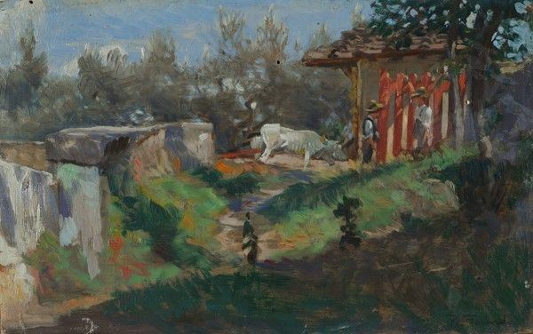Ruggero Focardi : Il cancello rosso  - Olio su tavola - Asta Antiquariato - I - Galleria Pananti Casa d'Aste