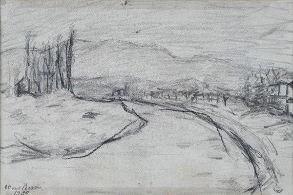 Ottone Rosai : Paesaggio con fiume  (1930)  - Matita su carta - Asta Antiquariato - I - Galleria Pananti Casa d'Aste