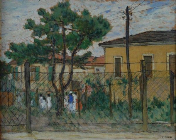 Galileo Chini : Case sull'Arno (nei pressi di Firenze)  - Olio su compensato - Asta Antiquariato - I - Galleria Pananti Casa d'Aste