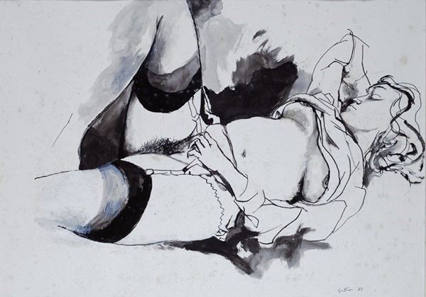 Renato Guttuso : Nudo disteso  (1982)  - China e tempera su carta - Asta Arte Moderna e Contemporanea - II - Galleria Pananti Casa d'Aste