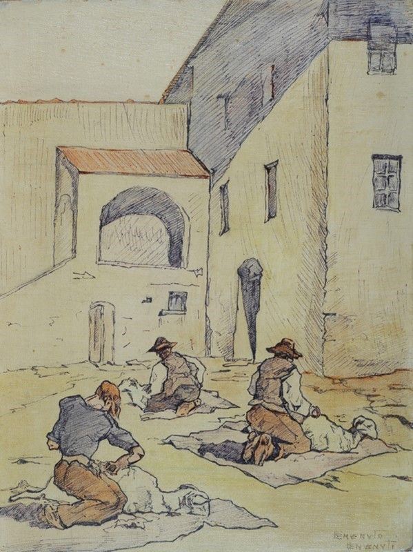 Benvenuto Benvenuti : Tosatori di pecore  - Inchiostro e acquerello su cartone telato - Asta Antiquariato - I - Galleria Pananti Casa d'Aste