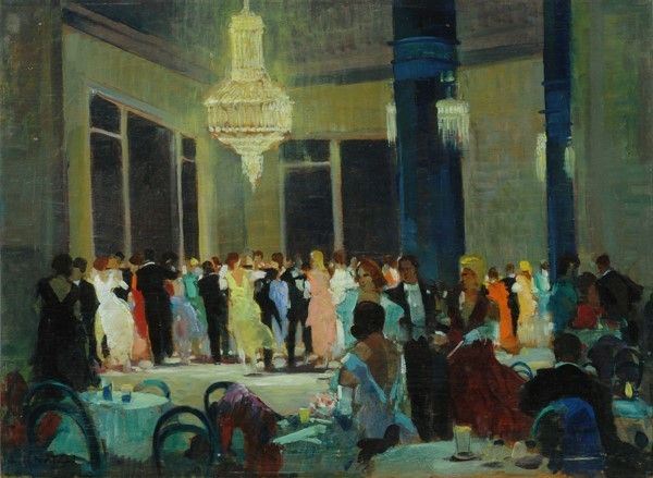 Renato Natali : Veglione  ((anni '30))  - Olio su compensato - Asta Antiquariato - I - Galleria Pananti Casa d'Aste