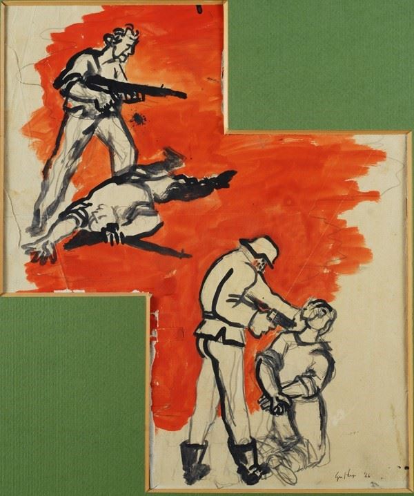 Renato Guttuso : Crimini di guerra  (1946)  - Acquerello e inchiostro su carta - Asta Antiquariato - I - Galleria Pananti Casa d'Aste