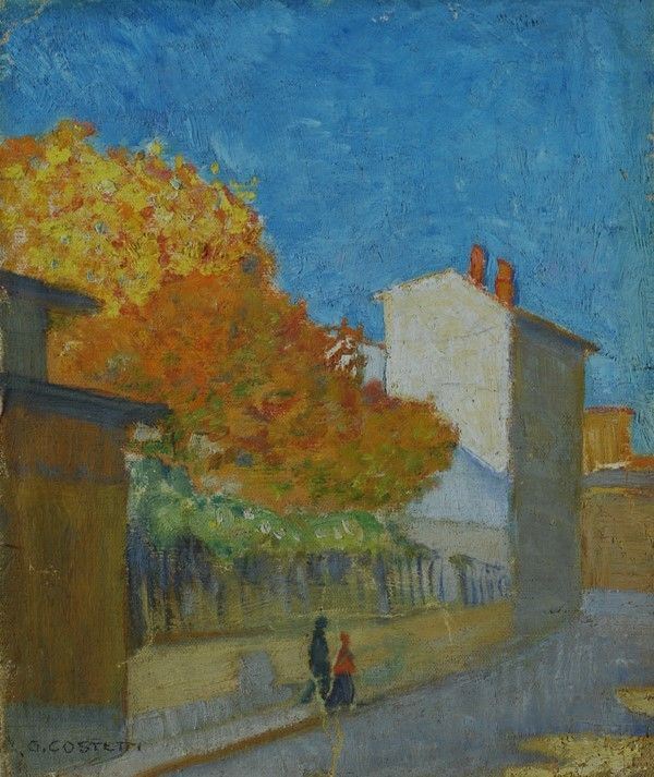 Giovanni Costetti : Strada con figure  - Olio su tela riportata su cartone - Auction Antiquariato - I - Galleria Pananti Casa d'Aste