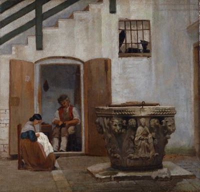 Interno di Cortile con Figure