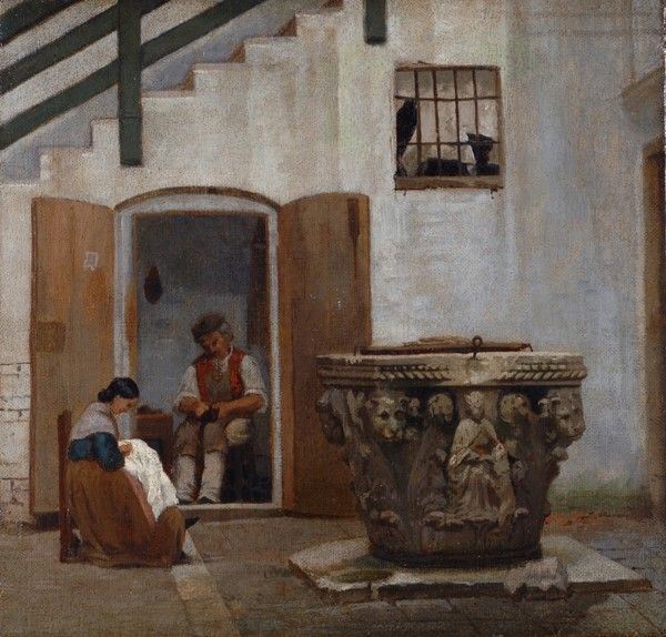 Anonimo, XIX Sec. - Interno di Cortile con Figure