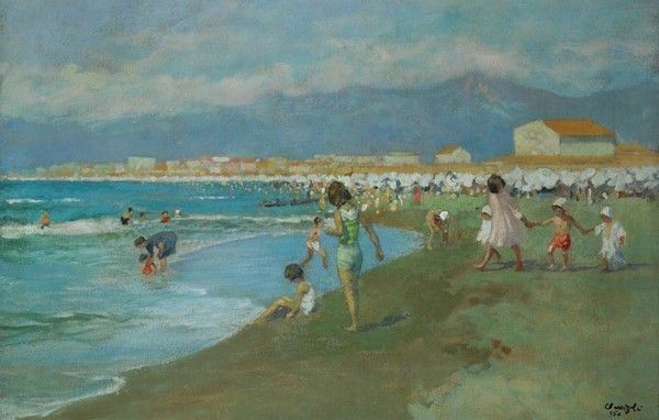 Carlo Passigli : Spiaggia della versilia  (1950)  - Olio su tela - Asta Antiquariato - I - Galleria Pananti Casa d'Aste