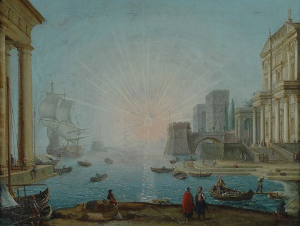 Attr. a Jean-Baptiste Lallemand, XVIII sec. : Veduta di porto  - Olio su tela - Asta Antiquariato, Gioielli - I - Galleria Pananti Casa d'Aste