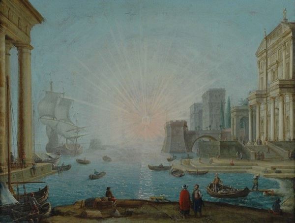 Attr. a Jean-Baptiste Lallemand, XVIII sec. - Veduta di porto