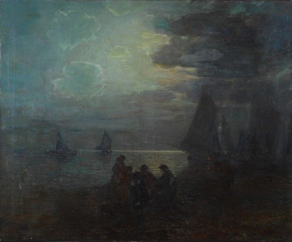 Carlo Costantino Tagliabue : Notturno con pescatori  (1918)  - Olio su tela - Auction Antiquariato - I - Galleria Pananti Casa d'Aste
