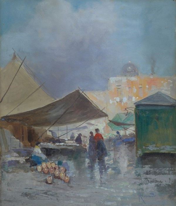 Oscar Ricciardi : Mercato  - Tempera su tela - Asta Antiquariato - I - Galleria Pananti Casa d'Aste