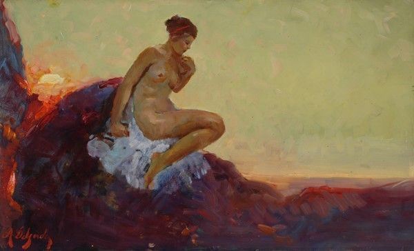 Alfredo Del Sordo : Nudo su scogli  - Olio su cartone - Auction Antiquariato - I - Galleria Pananti Casa d'Aste