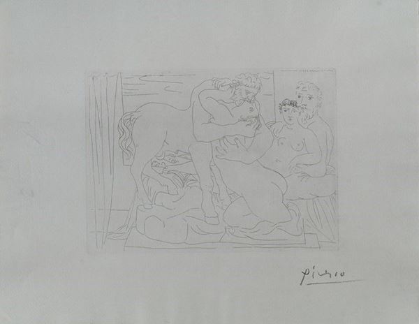 Pablo Picasso : Repos du Sculpteur devant un Centaure et une Femme  (1933)  - Acquaforte su carta Montval - Auction Arte Moderna e Contemporanea - II - Galleria Pananti Casa d'Aste