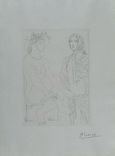 Femme Assise Au Chapeau Et Femme Debout Drapèe