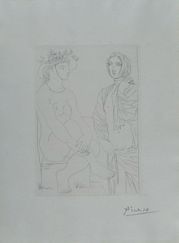Pablo Picasso : Femme assise au Chapeau et Femme debout drapèe  (1933)  - Acquaforte  su carta Montval - Asta Antiquariato - I - Galleria Pananti Casa d'Aste