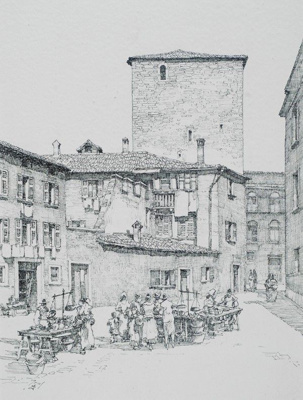 Roberto Marcello Iras Baldessari : Vita di paese . Piazza Garzetti  - China su carta - Asta Antiquariato - I - Galleria Pananti Casa d'Aste