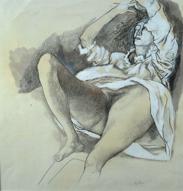 Renato Guttuso : Nudo sdraiato  (1978)  - Tecnica mista su carta - Asta Antiquariato - I - Galleria Pananti Casa d'Aste