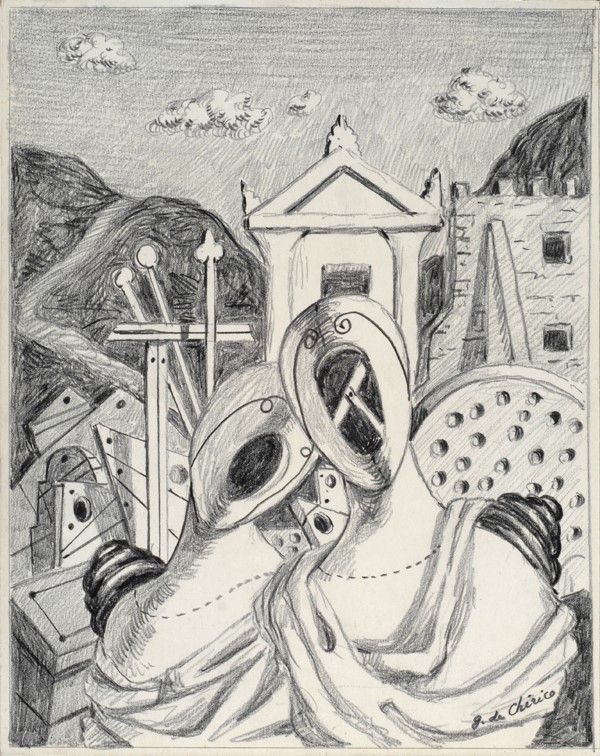 Giorgio de Chirico : Ettore e Andromaca  (1968)  - Matita su cartone - Asta Antiquariato - I - Galleria Pananti Casa d'Aste