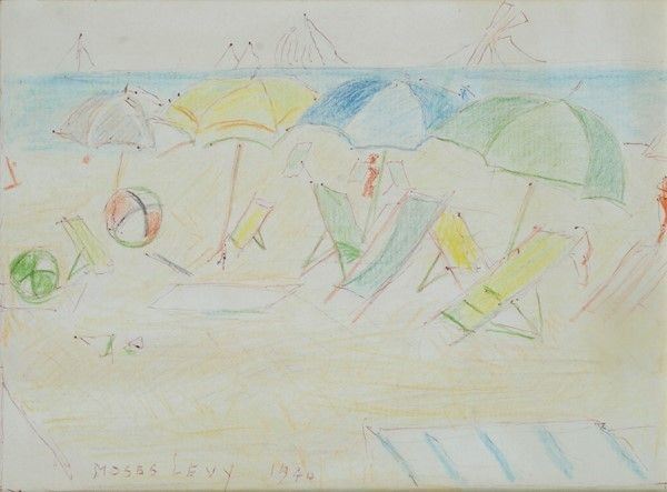 Moses Levy : Ombrelloni sulla spiaggia  (1940)  - China e matite su carta - Asta Antiquariato - I - Galleria Pananti Casa d'Aste
