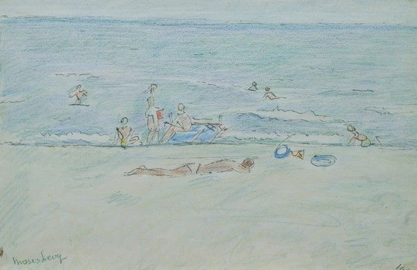 Moses Levy : Spiaggia con bagnanti  - Matite colorate su carta - Asta Antiquariato - I - Galleria Pananti Casa d'Aste
