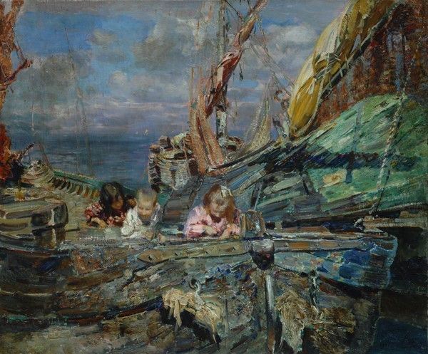 Beppe Ciardi : Bambini sulla barca  (1911)  - Olio su tela - Asta Antiquariato - I - Galleria Pananti Casa d'Aste