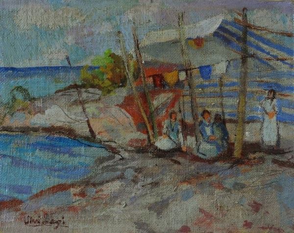 Ulvi Liegi : Figure sulla spiaggia  - Olio su tavoletta - Auction Autori del XIX e XX sec. - III - Galleria Pananti Casa d'Aste